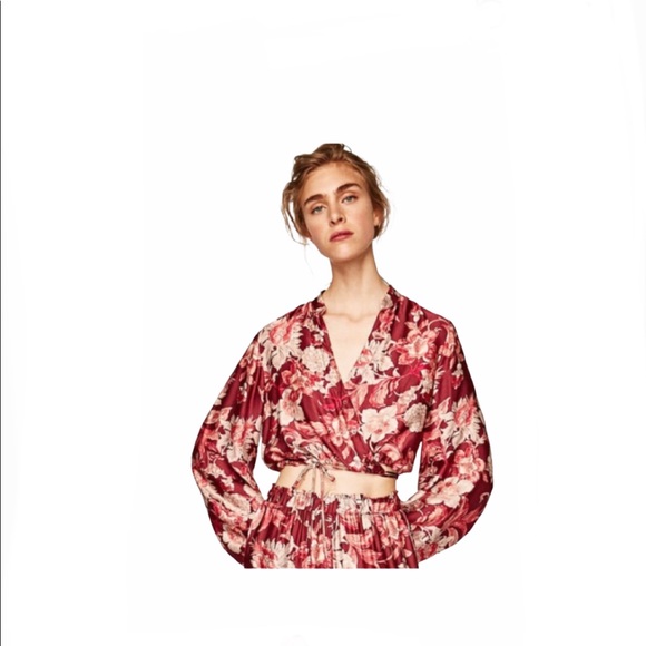 ZARA FLORAL VOLUMINOUS MAROON BLOUSE/ BOTTOM SZ L - Picture 3 of 11